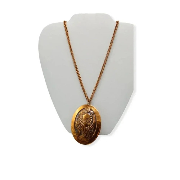 Mid Century Modern Copper Knight Pendant Necklace Vintage Double Link Chain - Picture 4 of 5